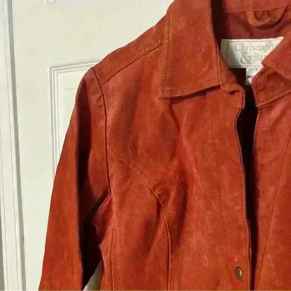 Christopher & Banks Suede Leather Salmon Pink Snap up Jacket Size Small - Picture 2 of 7